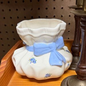 Ceramic Vase with Blue Bow and Floral Design